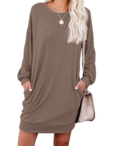 PrinStory Damen Pullover Kleid Lässig Rundhals Winterkleider Weich Tuinc Tops Basic Sweatkleid Langärm Freizeitkleider Mit Taschen (Kaffee, M)