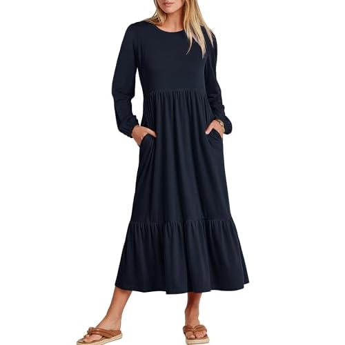 ANRABESS Women’s Casual Long Sleeve Midi Dress 2024 Fall Crewneck A Line Tiered Flowy Loose Trendy Dresses with Pockets