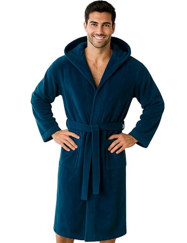 Morgenstern Albornoz para hombre con capucha, 100% algodón, rizo Oeko-Tex, albornoz largo de terciopelo Finn, azul oscuro, M