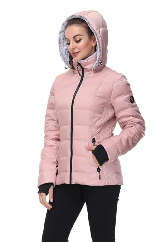 SLOW DOWN Women Down Puffer Jacket Warm Hooded Winter Down Puffer Coat with Faux-Fur Hood & Collar (Pink, XXL)