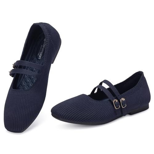 Image of Frank Mully Women's Flats Square Toe Mary Jane Shoes Ballet Flats with Strap Comfortable Slip On Knit Shoes Dressy Casual