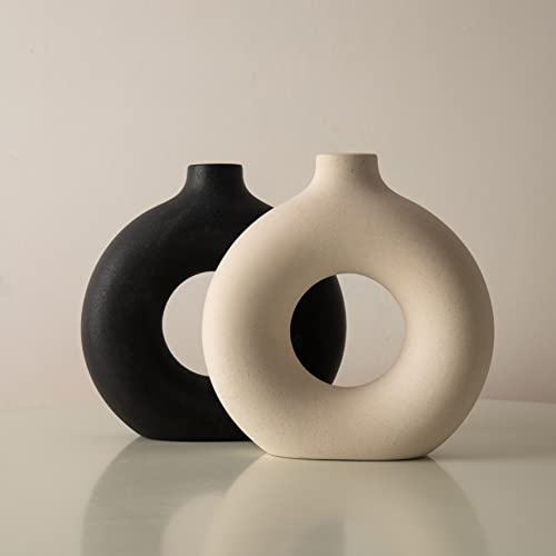 White Ceramic Vase For Pampas Grass Flowers, Vase Decor, White Vases For Decor, Modern Home Decor Vase, Boho Vases For Decor, Circle Vase, Round Vase, Donut Vase, Decorative Vase,7.5" Tall #TOP6