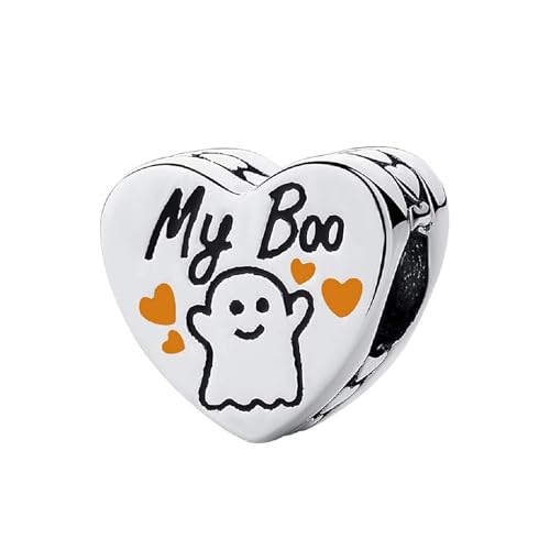 Bolenvi My Boo Cute Ghost Halloween Bead Charm - Authentic 925 Sterling Silver Charms Compatible with Pandora & Similar Bracelets, Necklaces & DIY Jewelry - Black Enamel