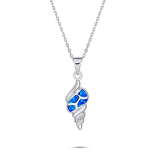 Blue Created Opal Inlay Nautical Tropical Beach Conch Sea Shell Pendant Necklace For Women For Teen 925 Sterling Silver