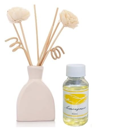 ROYAL SAPPHIRE Amos Pure, Natural Reed Diffuser Oil With Ceramic Pot And 8Pcs Reed Stick- 60Ml With Gift Box (Lemongrass)