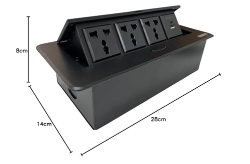 Image of Audiovan Hydraulic Cable Cubby Pop Up Conference Box, Cable Manager Socket Electrical Box With 3 Power Socket and 2 USB socket A+C type Charger (Black popup Box 3 Power)