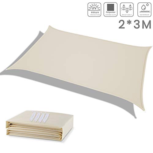 deepee Tenda a Vela Parasole 2×3m Rettangolare, Realizzato in Poliestere di Alta qualità, 95% UV Protezione e Impermeabile, per Giardino, Struttura Esterna e attività, Color Crema