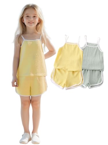 Image of Girls Summer Clothes 4 Piece Cute Outfits Cami Tank Top and Dolphin Shorts Sets for Kid Casual, Dance, Beach