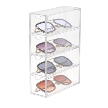 Esenlong Sunglasses Display Drawer Storage Holder Acrylic,4 Tier Stackable Storage Organizer,Eyeglass Storage Case,Jewelry Box,Make-up Drawer Tray