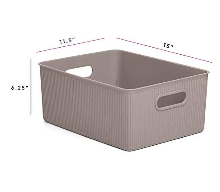 Superio Ribbed Collection - Decorative Plastic Lidded Home Storage Bins Organizer Baskets, Large Taupe (1 Pack - 15 Liter) Stackable Container Box, for Organizing Closet Shelves Drawer Shelf