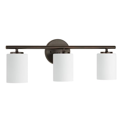 Image of Progress Lighting Replay Collection 3 Light Bathroom Vanity Light, Modern Bath Lighting Fixture with Etched White Glass Shades for Over the Mirror, Reversible Mounting, Antique Bronze