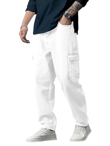 Image of QNIM Cargo for Men | Loose Fit White Denim Jeans | Stylish Cotton Multi-Pocket Casual Styling Pant | Trendy Straight Leg Comfortable Utility Streetwear Trousers (Q-04-05)