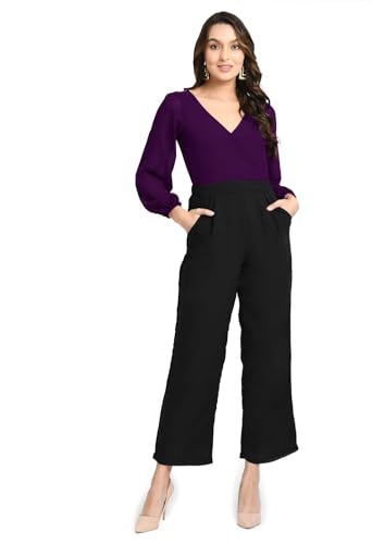 Image of V&M Women's Black V-Neck Jumpsuit | Full Sleeve Straight-Leg One-Piece with Side Pockets | Elegant Western for Office, Party & Evening Outfits