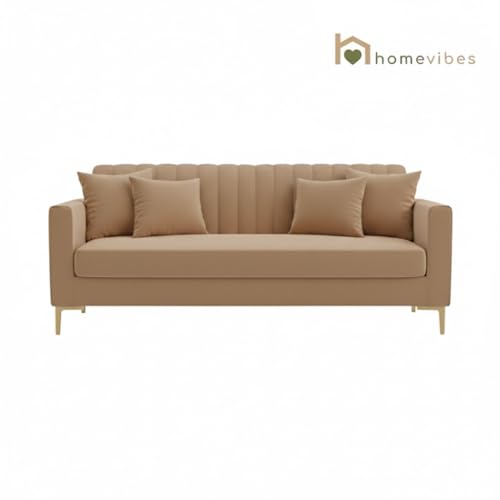 Image of 3 Seater Velum Fabric Sofa Set for Living Room, Modern Design with High Density Foam, Solid Wood Frame, Ergonomic Comfortable Seating for Home & Office (Light Brown, 3 Seater) | Soft foam comfort, Strong wood frame