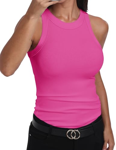 GEMBERA Womens Sleeveless Racerback High Neck Basic Ribbed Knit Fitted Tank Top Hot Pink M