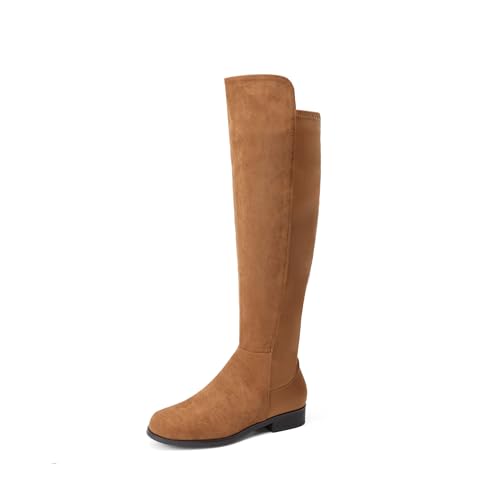 DREAM PAIRS Women's Knee-High Boots Comfortable Flat Low Heel Round Toe Stretchy Suede Slouch Boots with Side Zipper 9.5 Camel