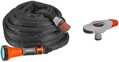 Gardena Liano Fabric Hose 10 m Set Including Indoor Adaptor, Black, orange, grey, 10m + Brause Adapter