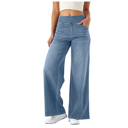 Pull on Wide Leg Jeans for Women UK, High Waisted Stretchy Baggy Trendy Tummy Control Straight Leg Jeans Denim Pants with 4 Pockets (Light Blue, M)