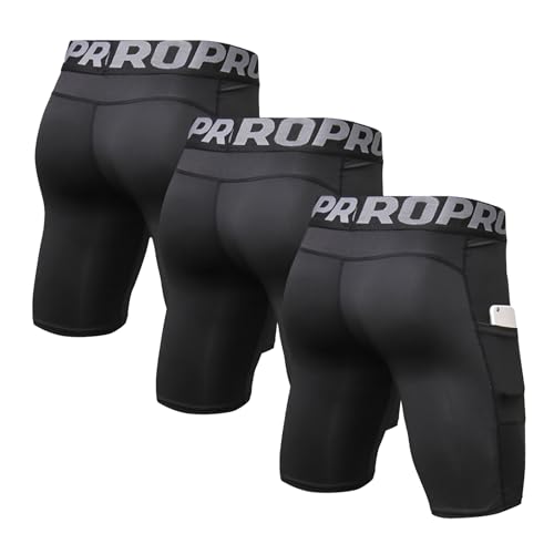 LANBAOSI Mens Compression Shorts with Phone Pocket Running Gym Yoga Athletic Tights Baselayer Summer Cool Dry Underwear Pack2