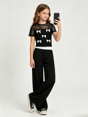 Image of Girls Clothes 2 Piece Short Sleeve Lace Bow Print Tops Flared Pants Set Little Girl Outfits Size 7-14