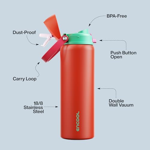 Image of Insulated Water Bottle with Straw - Encool Stainless Steel Water Bottle with Push Button Lid, Leak-Proof & BPA-Free, Keeps Cold for 24 Hours for Sports, Travel, Gym (32 oz, Grapefruit Red)