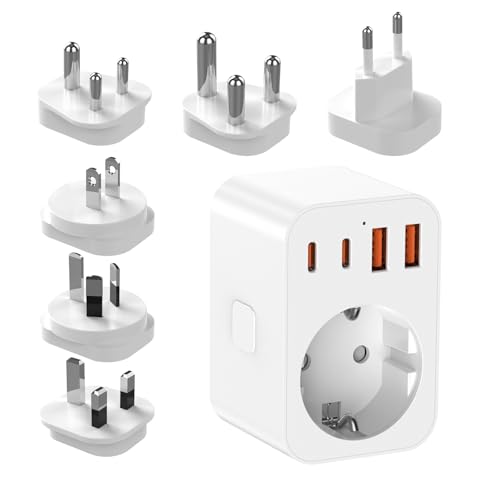 YIQILAIYA Adaptador Universal Enchufe Viaje con 2 USB y 2 Tipo C, Blanco Adaptador Enchufe Universal con 6 Enchufes Desmontables Tipo B/G/C/A/I/M, para Sudáfrica/JAP/AUS/USA/EU/UK