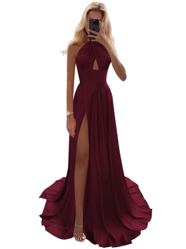 BOLENSYE Satin Prom Dresses Long Halter Keyhole Bridesmaid Dress with Pockets Split Formal Evening Gown3