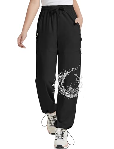 EXARUS Girls Hiking Pants Joggers Kids Quick Dry Waterproof Cargo Athletic High Waisted Lightweight Zip Pockets Black 10Y