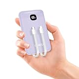 【超小型ポケットサイズ】モバイルバッテリー 10000mAh 大容量 軽量(22.5W/18W急速充電・iphone/Type-cケーブル内蔵)携帯充電器 スマホ充電 薄型 4台同時充電 USB-CポートLCD残量 コンパクト 持ち運び便利 PSE認証済 かわいい iPhone 16/15&iPad&Androidなど対応 (紫)