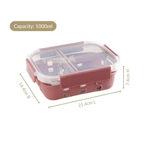 Image of Nestasia Glass Lunch Box with Silicone Sleeve (1000ml) - Borosilicate Glass Lunch Box with 3 Compartments for Office | Microwave & Freezer Safe, Leak-Proof Tiffin Box with Clip Locks (Mauve)