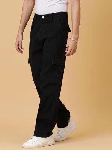 Image of KOTTY Men's Loose Fit Cargo Denim Jeans - Vintage Washed Utility Jeans with Side Pockets