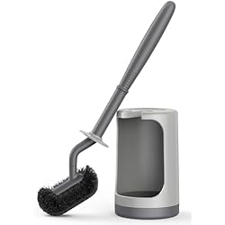 HAMITOR Toilet Bowl Brush Holder Set: Curved Design with Holder for Deep Cleaning Under Rim - Compact Hidden Scrubber for Small Space - Modern RV Bathroom Accessories - Gray