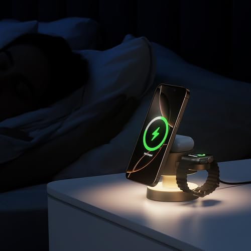 Image of 4 in 1 Magnetic Wireless Charging Station,15W Fast Charging with Adjustable Night Light,Magnetic Wireless Charging Station for iPhone 16 15 14 13 12 Pro Max & Apple Watch, AirPods 3 /2 /1 /Pro(Sand Gold)