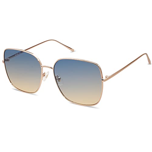 SOJOS Sonnenbrille Damen Vintage Verspiegelt, Herren Retro Übergröße Eckig Sonnenbrille UV400 Schutz Rechteckige Brille SJ1146 mit Glänzend roségoldener Rahmen/oben blau unten braune Linse