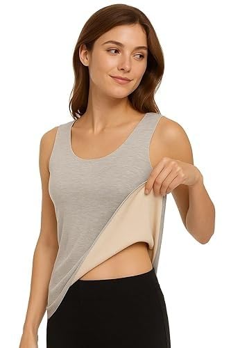 Women's Thermal Solid Seamless No-Show Sleeveless Fleece-Lined Vest Soft Warmth Double Layer Vest Sando Tank Top Stretchable Comfortable