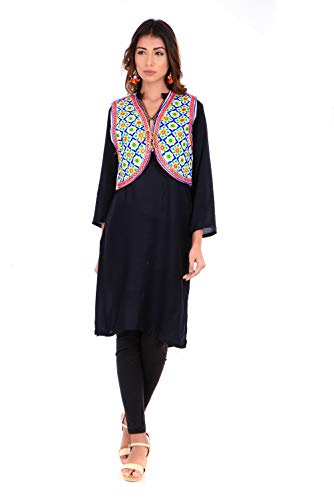 Image of Craft Trade Women's Cotton Embroidered Kutchi Jacket with Tassels Sleeveless Mirror Work