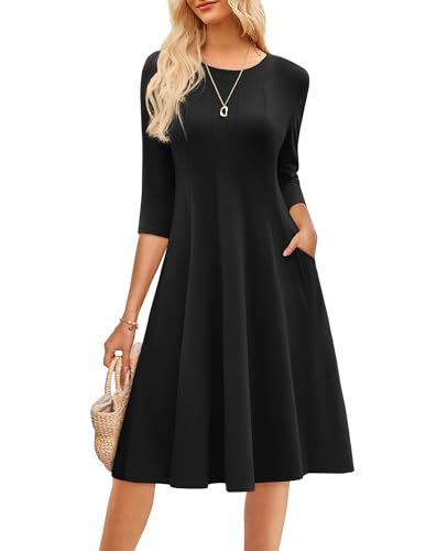 GRACE KARIN Womens 2025 Trendy Dresses Crew Neck 3/4 Sleeve A Line Loose Casual Midi Dress with Pockets