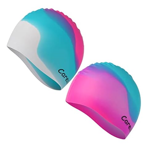 Swim Cap, 2 Pack Durable Silicone Swimming Caps for Kids Girls Boys Youths (Age 2-12), Soft 3D Ergonomic Waterproof Kids Swim Caps, Comfortable Fit for Long Hair and Short Hair Cover