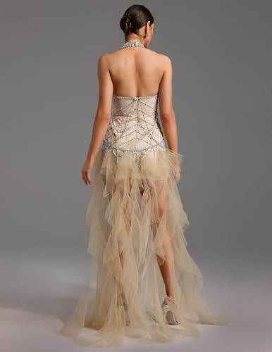 BELLA BARNETT Beige V Neck Sequin Tassel Halter Mesh Dress Rhinestone Maxi Backless Sparkle Prom Dress3