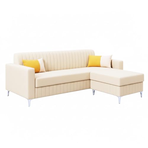 Image of SOCOZI Anton 4 Seater L Shape Sofa Set with Movable Ottoman | Flexible Left or Right Layout | Soft Velvet Suede Fabric | Modern Design | Plush Comfort Cushions for Living Room (Cream)