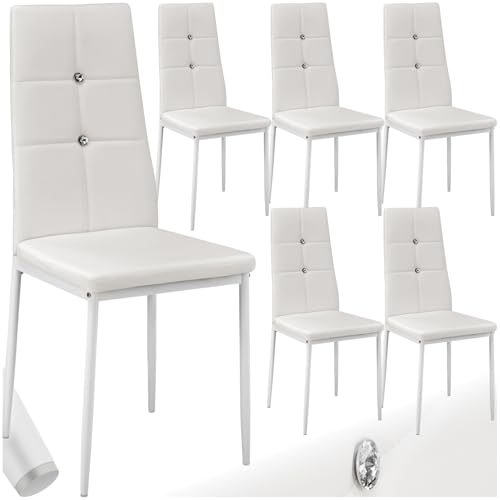 tectake® Set 6 Sedie Sala da Pranzo Imbottite, Sedie Cucina in Similpelle, Gambe in Acciaio, Sedie Soggiorno dal Design Elegante con Strass, Sedie da Pranzo Moderne Antiscivolo - Bianco