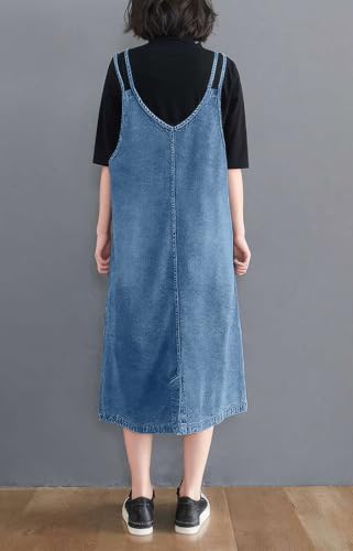 Image of ebossy Women's Sleeveless V Neck Denim Overall Jumper Dress Casual Loose Double Spaghetti Straps Midi Jean Dress