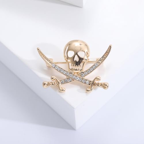 Image of Punk Skull Head Cross Sword Brooch Pin Cool Skeleton Lapel Pin for Dress Suit Decor Halloween Party Clothing Accessories for Women Men