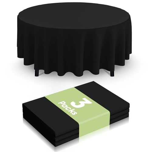 Image of Smiry Disposable Table Cloth 3 Pack, 84 Inch Round Waterproof Plastic Tablecloth, Decorative Round Table Covers for Party, Birthday, Picnic, Black