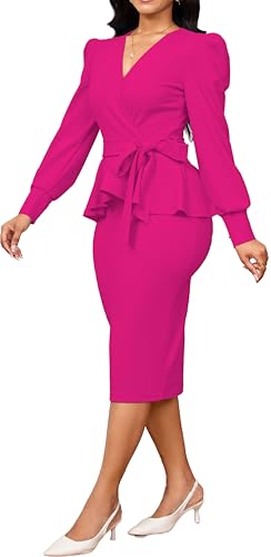 Image of Dresses for Women Elegant Long Sleeves Ruffles Pencil Knee Length Split Business Dress with Belt Zipper