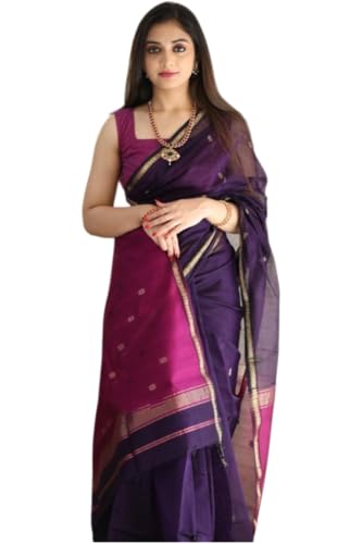 Image of Flosive inchRoyal Purple Banarasi Cotton Blend Saree for Women with Rich Zari Border and Traditional Floral Weaving Design inch