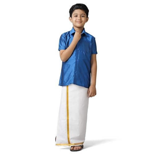 Image of RAMRAJ COTTON Boys Silk Cotton Shirt With Adjustable Cream Dhoti Perfect For Ceremonies| Festivals| And Special Occasions