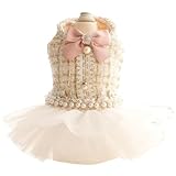 PalmPurr Luxury Pink Tweed Dog Dress & Cat Wedding Dress, Pearl Bow Princess Pet Formal Outfit with Structured Fit, Soft Lining & Tulle Skirt for Small Dogs and Cats(S)