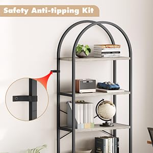 IDEALHOUSE Bookshelf 5 Tier Bookcase Arched Display Racks Tall Standing Bookshelves Metal Frame Modern Storage Rack Shelf Large Wood Book Shelf for Bedroom, Living Room, Home Office