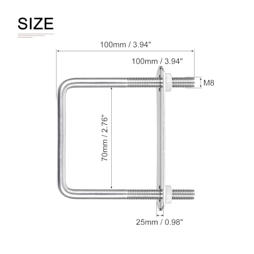 Image of DTGN M8x70x100mm(ThreadxWxL) Square U Bolt - 5Pack - Good for Trailer Pipe Replacement Parts - 304 Stainless Steel U Shape Bolts